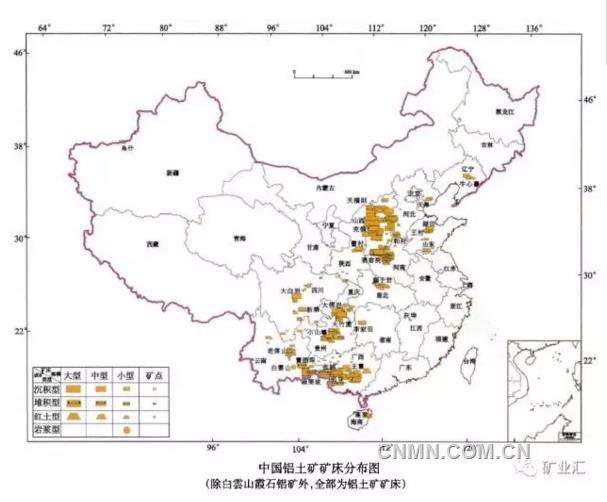 中国铝土矿床分布如下：